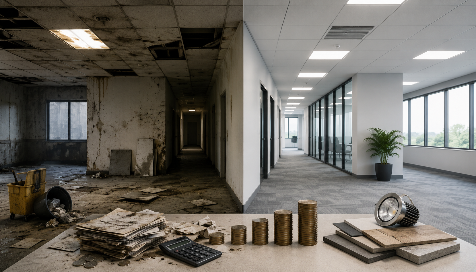 Workers remove worn furniture and finishes during an early commercial-interior refurbishment while a facilities manager reviews the disruption.